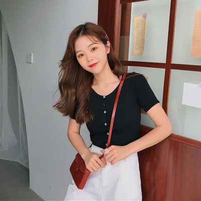 

Square Collar High Waist Lady Short Knit Short-Sleeved Womens Shirt