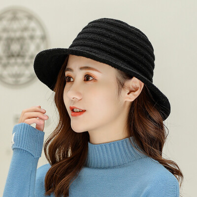 

Fallwinter 2019 new tide wool knitted wool hat ladies solid color outdoor warm wide pot hat fisherman hat