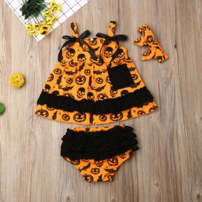 

Cute Halloween Infant Kids Baby Girls Pumpkin Bat Tops Shorts Outfit Set 0-3Y