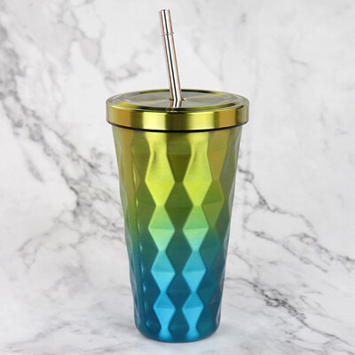 

Siaonvr Diamond Gradient Stainless Steel Cups With Straws 500ml Drinking Tumblers Eco-Fr