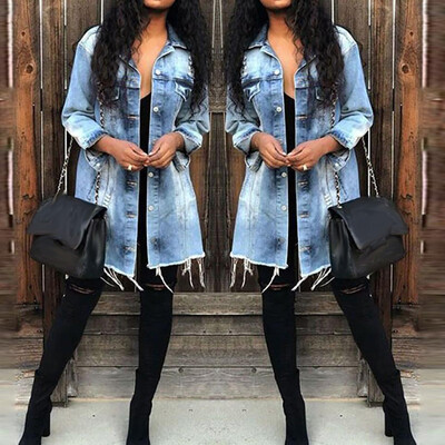 

Toponeto Women Button Long Sleeve Pockets Denim Hole Open Front Jean Jacket Overcoat Tops