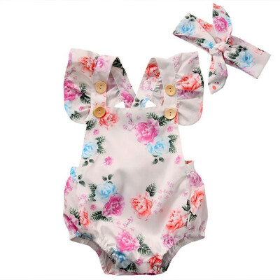 

Newborn Baby Girls Clothes Print Round Neck Sleeveless BodysuitBow Headband 2pc kids Toddler Cotton Outfits