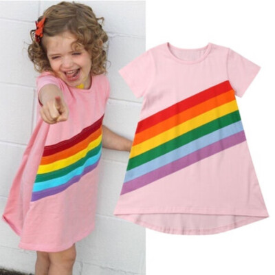 

Toddler Kids Baby Girls Summer Dress Rainbow Stripe Print Princess Party Dresses