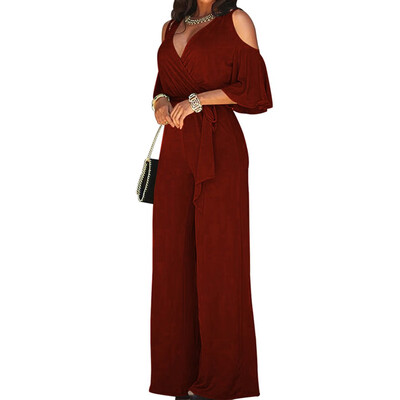 

Women Jumpsuit Short Sleeve V Neck Cold Shoulder Wide Leg Pants