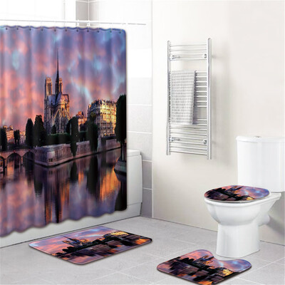 

Gobestart Waterproof Bathroom Shower Curtain Set Non-Slip Rug Toilet Lid Cover Bath Mat