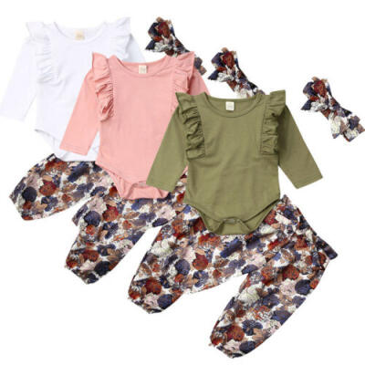 

US Stock Newborn Kid Baby Girls Long Sleeve Romper Flower Pants Headband Outfit