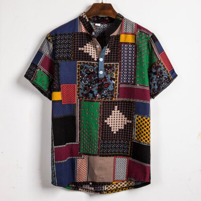 

Toponeto Mens Ethnic Short Sleeve Casual Cotton Linen Printing Hawaiian Shirt Blouse