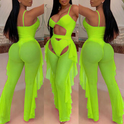 

Women Bodysuit Long Pants Bodycon Evening Party 2 Piece Set Jumpsuit Romper