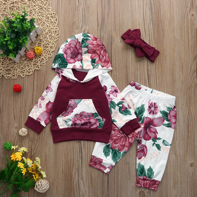 

Toddler Baby Floral Suit Clothes Hooded Blouse TopsPantsHeadband Set Outfits
