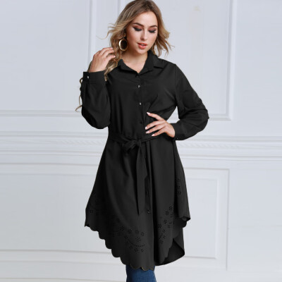 

Women Plus Size Shirt Dress Burning Flowers Hollow Out Irregular Hem Belted Casual Tunic Long Blouse Top