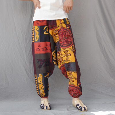 

Cotton Linen Men Loose Harem Pants Print Retro Drop Crotch Cross-pants Hip-hop Casual Wide-leg Large Size Bloomers Trousers Male