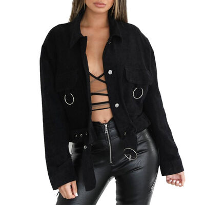 

Autumn Spring Women Corduroy Jacket Thin Slim Coat Retro Cool Belted Solid Color Long Sleeve Loose Outwear Coat Black Khaki