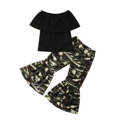 

Newborn Toddler Baby Girls kids clothes Summer Off-shoulder solid Ruffle sleeveless pullover Tops camouflage Flared Pants 2pc