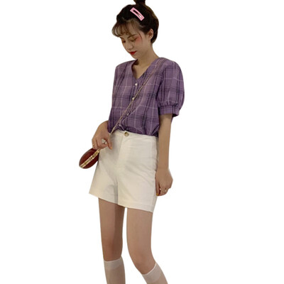 

Women Blouse Plaid Print Blouse Tops V-Neck Button Up Tops Short Sleeve Shirt preppy style Summer Womens Fashion Fresh Style