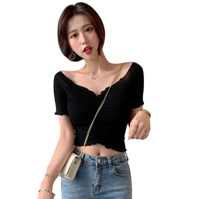 

Womens Ruched Fashion V Neck Solid Short Sleeve Knitted Sexy Slim Crop Top T-Shirt