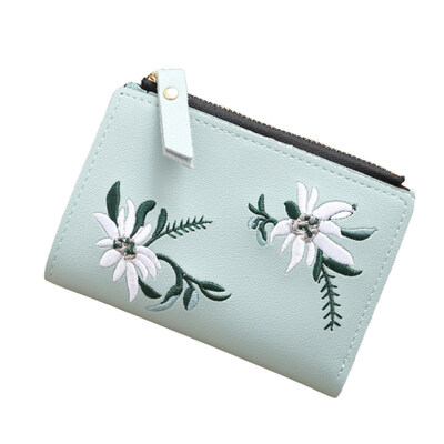 

Women Embroidery Faux Leather Coin Key Card Holder Zipper Purse Short Wallet