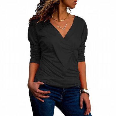 

Solid color V-neck long-sleeved slim T-shirt casual simple womens shirt