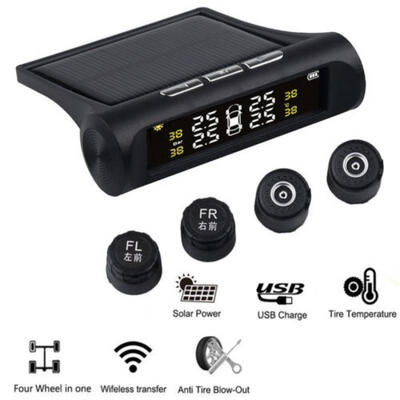 

TPMS Solar Power Universal Wireless Tire Pressure Monitoring System 4 External Sensors Displays 4 Tires&39 Pressure &