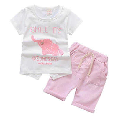 

Summer Childrens Short Sleeved Cartoon Elephant O Neck Tops TeeT-shirt Shorts Two Piece Unisex Kids Clothing
