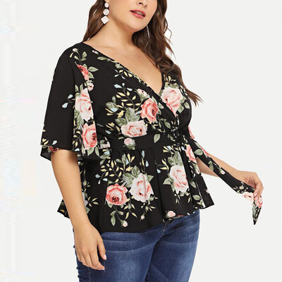 

Starmoon Women Deep V-Neck Printed Bandage Large Code Tops Loose T-Shirt Blouse
