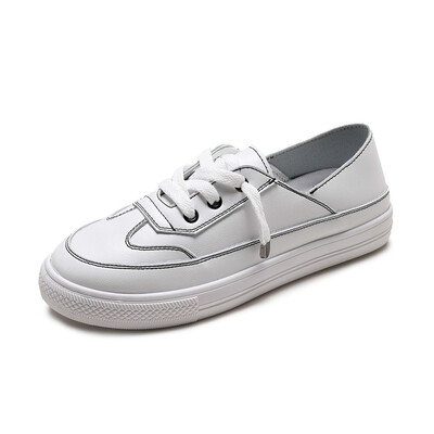 

2019 Spring Surface White Casual Breathable Flats Fashion Lace-Up Sneakers Women Vulcanized Shoes Leather Platform Shoes