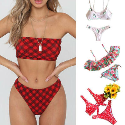 

Women Pushup Padded Bra Bandage Bikini Set Swimsuit Grid Floral Swimwear Bathing