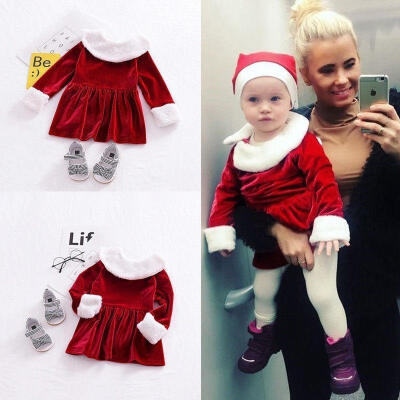 

Fashion Cute Xmas Infant Kid Baby Girl Dress Red Velvet Long Sleeve Fluffy Hairy Clothes