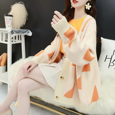 

Autumn Cardigan Sweater geometric Printed Long Sleeve Knitwear Women Autumn Sweaters Harajuku Sueter Mujer