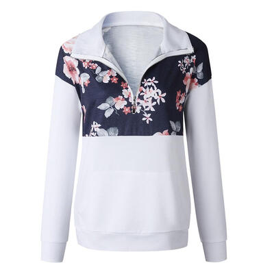 

Casual Retro Quarter Zip Pullover Sweatshirt Women Floral Print Tops