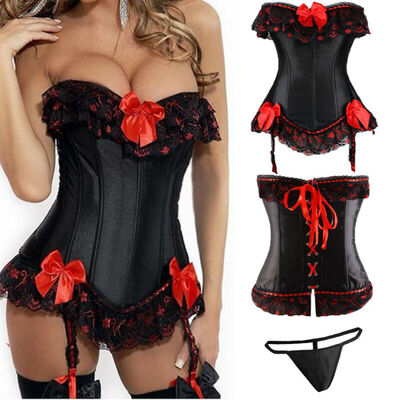 

SLIMBELLE Women Sexy Faux Leather Steampunk Boned Bustier Black Lace Dress Corset Clubwear
