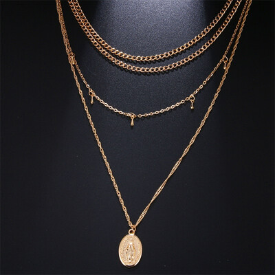 

Punk Multilayer Chain Choker Necklace Portrait Coin Virgin Mary Pendant Necklace Fashion Women Statement Jewelry