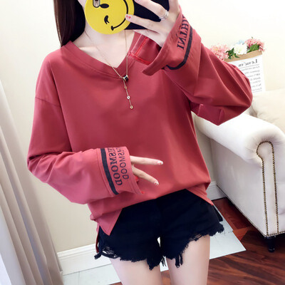 

Winter Womens Streetwear Chic Plus Size V Neck Letter Print Long Sleeve Loose Pullover Basic Bottoming T-Shirt