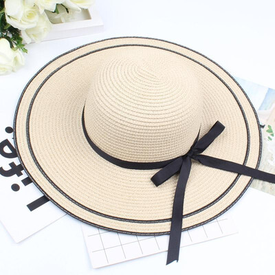 

Women Straw Hat Contrast Bowknot Color Block Large Wide Brim Foldable Floppy Casual Sun Summer Beach Cap