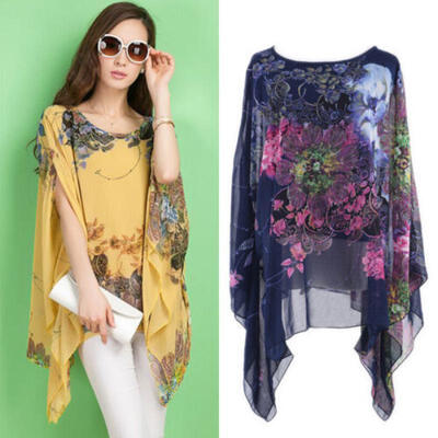 

Women Summer Boho Floral Batwing Sleeve Chiffon Loose Casual Top T-shirt Blouse