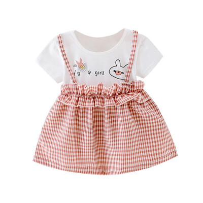 

0-24M 1PC Children Baby Summer Girls Cute Plaid Fake Two Piece Bottoming Short Sleeved Sweet Casual Princess Dress