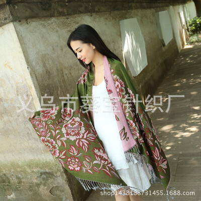 

New Peony Jacquard National Wind Scarf Ms Large Shawl Dual-use Thicken Bohemian Scarf Winter Warm
