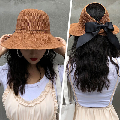 

Summer new ladies sun hat outing can fold sun hat big eaves bow hundred empty top straw hat