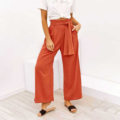 

Tailored Women Solid Casual Belt High Waisted Loose Wide Leg Pants Yoga Long Trousers