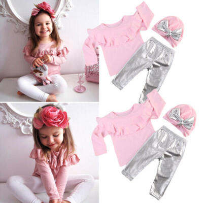 

Toddler Baby Girl Ruffles Tops T shirt Glitter Leggings Pants Hat Outfit Clothes