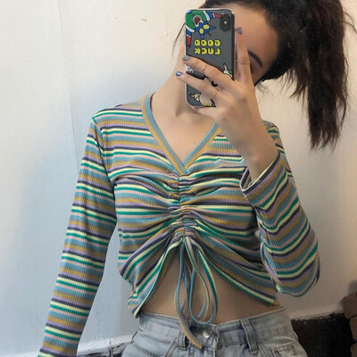 

Sweater Women New Autumn Drawstring V-Neck Rainbow Ruched Knitted Pullover Female Sweaters Knit Jumper Pullovers