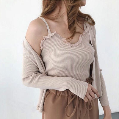 

Women V-Collar Wooden Ear Wrapped Chest Slim Knitting Vest Bottoming Stretch Sling Bottoming Camisole