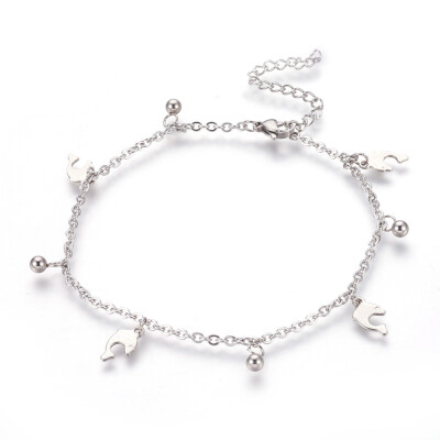 

304 Stainless Steel Charm Anklets Dolphin&Round Stainless Steel Color 9-14"235cm 2mm