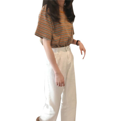 

Womens Fashion Summer Casual T Shirt Short Sleeve O-Neck Korean Style Striped Loose Tee