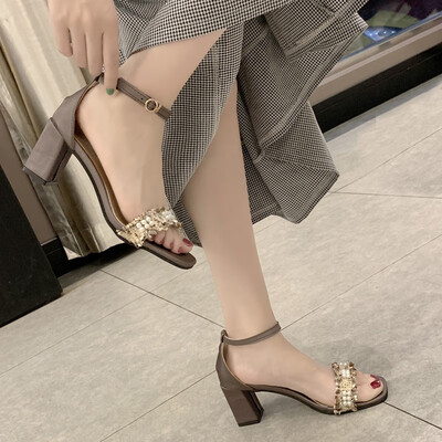 

Coarse-heeled Sandals Mid-heeled Fairy Wind Pearl-scented High-heeled Shoes in Summer