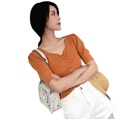 

Womens Buttons Fashion V Neck StripedSolid Short Sleeve Knitted Slim Crop Top T-Shirt