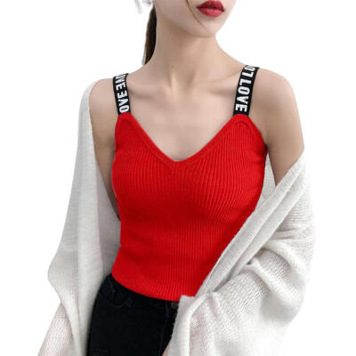 

Solid Color Letter Strap Tank Tops Women V-neck Knit Sleeveless T-shirts