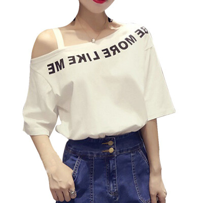 

One Shoulder Strap T-Shirt Women Casual Tee Half Sleeve Letter T Shirt 2018 Summer Casual Streetwear Ladies Tops T-shirts