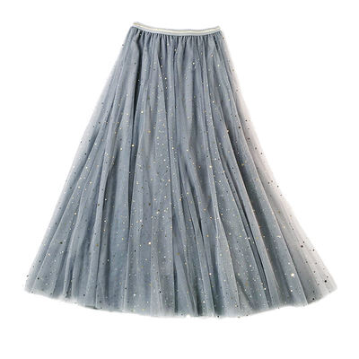 

Fairy Tulle Skirt Women Shiny Five-pointed Three-layer Mesh Autumn Korean Elegant High Waist Pleated Midi Skirt Female