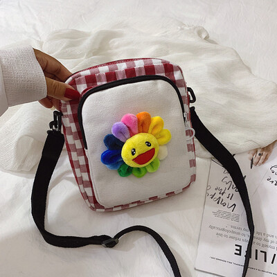 

Canvas bag girl summer ins weather day girl plaid cartoon girl single shoulder oblique satchel
