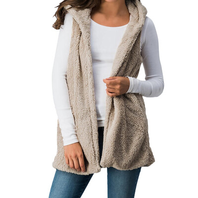 

Nomeni Women Lady Faux Fur Solid Hooded Outwear Sleeveless Pockets Warm Vest Waistcoat